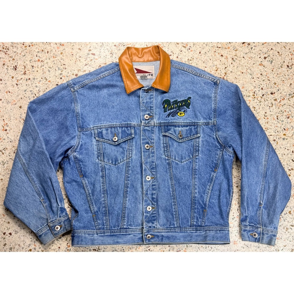 Pro Elite Vtg & Rare NFL Green Bay Packers Embroidered Denim Jacket Size Medium